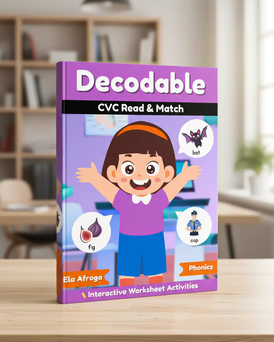 Decodable Book on CVC by Ela Afroga – ৭৮ পৃষ্ঠার Phonics e-book/PDF বই, শিশুদের CVC শব্দ চর্চা ও phonics ভিত্তিক পড়ার দক্ষতা বাড়ানোর জন্য। ডাউনলোড বা প্রিন্ট করে পড়া যাবে।